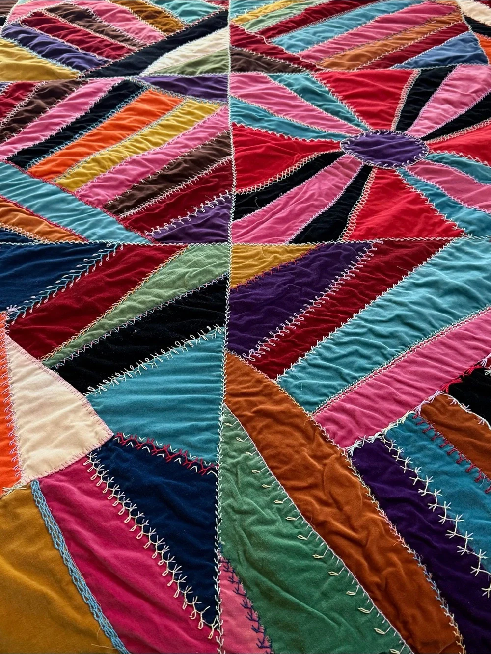 Vintage Crazy Patch Velvet Quilt 66x84 Hand Embroidered Boho Victorian